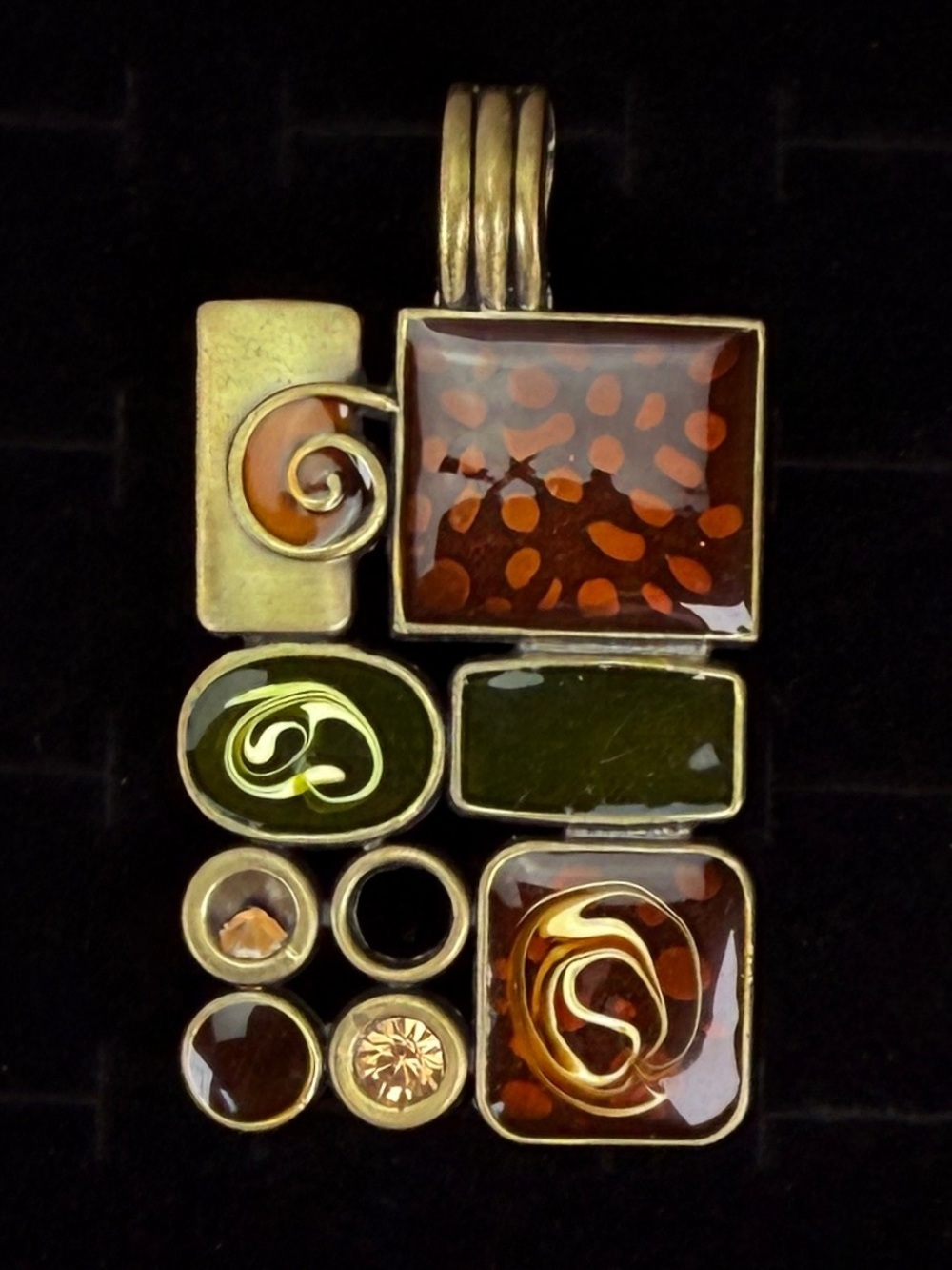 Vintage 3” rectangle brasstone magnetic pendant +16” cord necklace